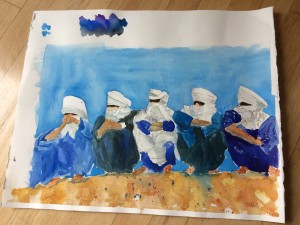 Blue men of Africa in ink and watercolor
