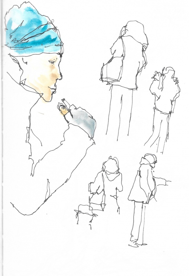 At Forcalquier, in the rain- first lesson in people sketching.